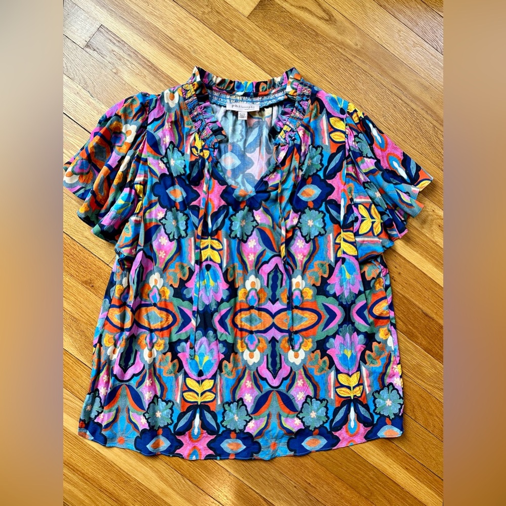 Philosophy Multicolor Floral Blouse Flutter Sleeve Belk size XL